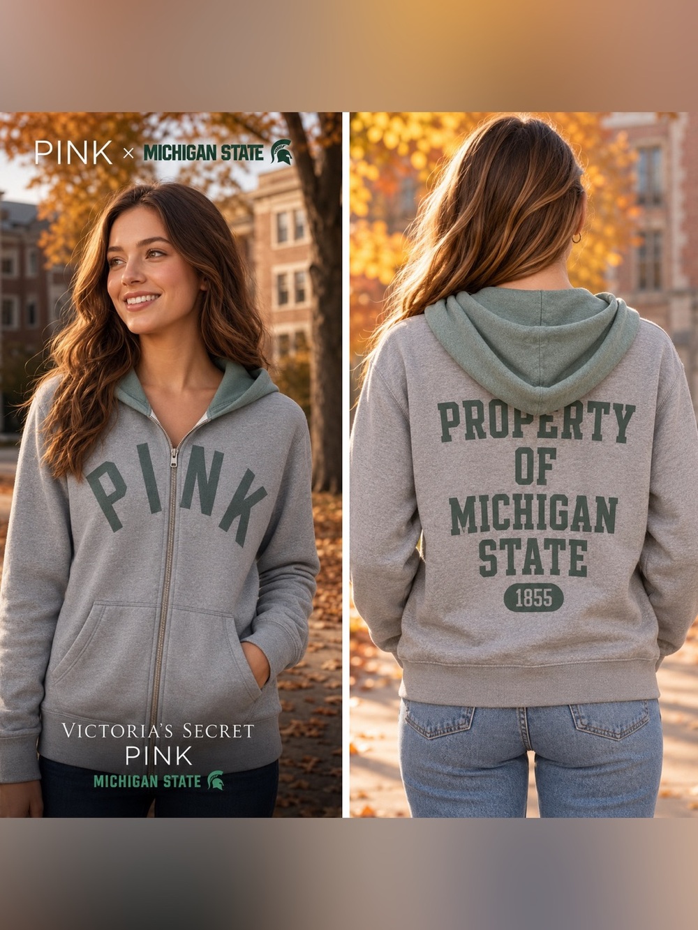 Victoria’s Secret PINK Michigan State Spartans Full Zip Hoodie Gray Green Large